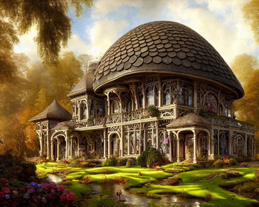 Ornate house with dome roof in lush garden setting