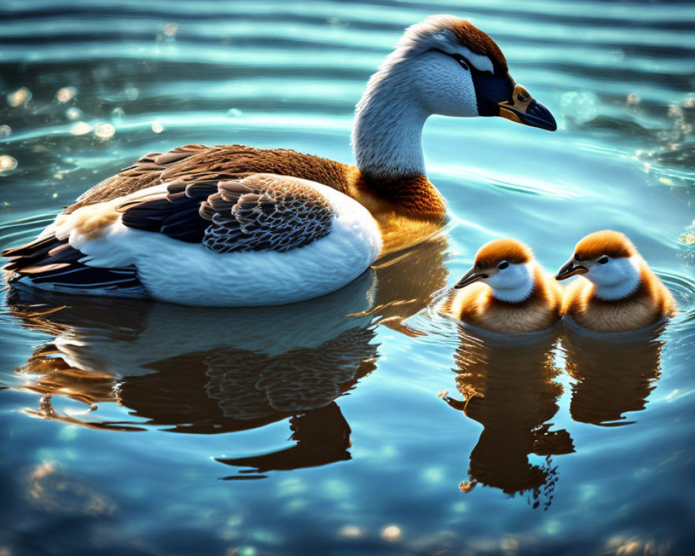 Adult duck with unique head pattern and two fluffy ducklings swimming in blue water