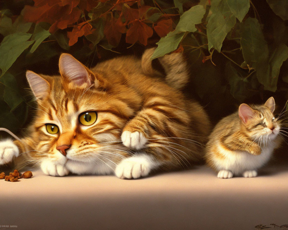 Large Striped Cat Resting with Kitten in Autumn Setting