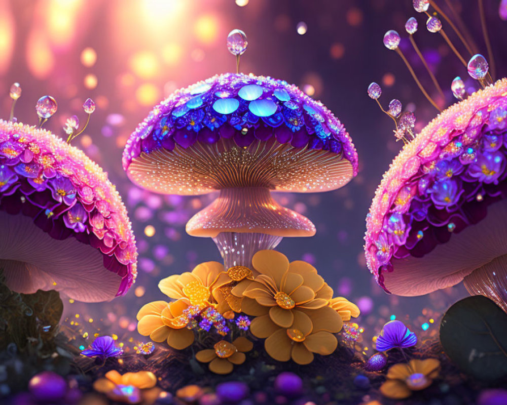 Vibrant mushrooms, golden flowers, and dewdrops in colorful forest