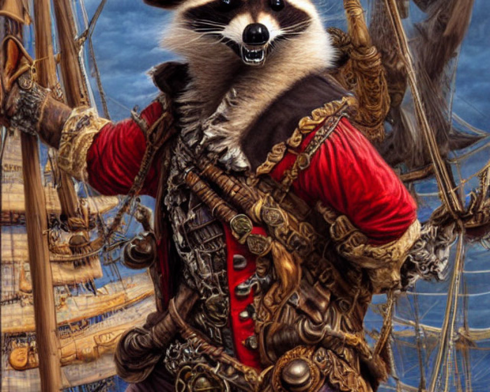 Anthropomorphic raccoon pirate with tricorne hat and cutlass on ship