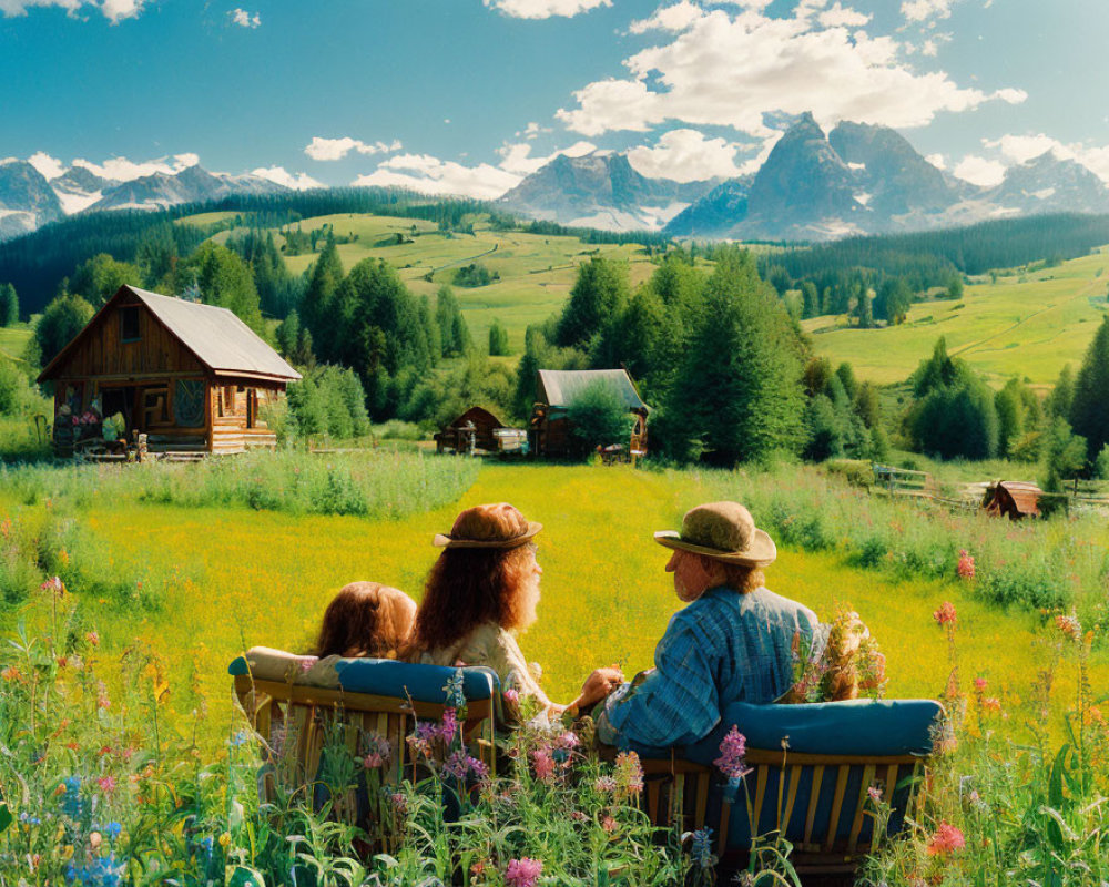 Three People Sitting in Meadow Facing Majestic Mountains and Wooden Cabins