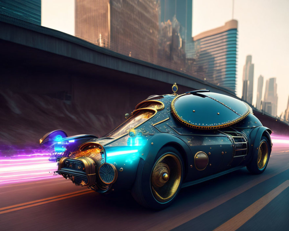 Futuristic blue and gold car with neon underglow in modern cityscape