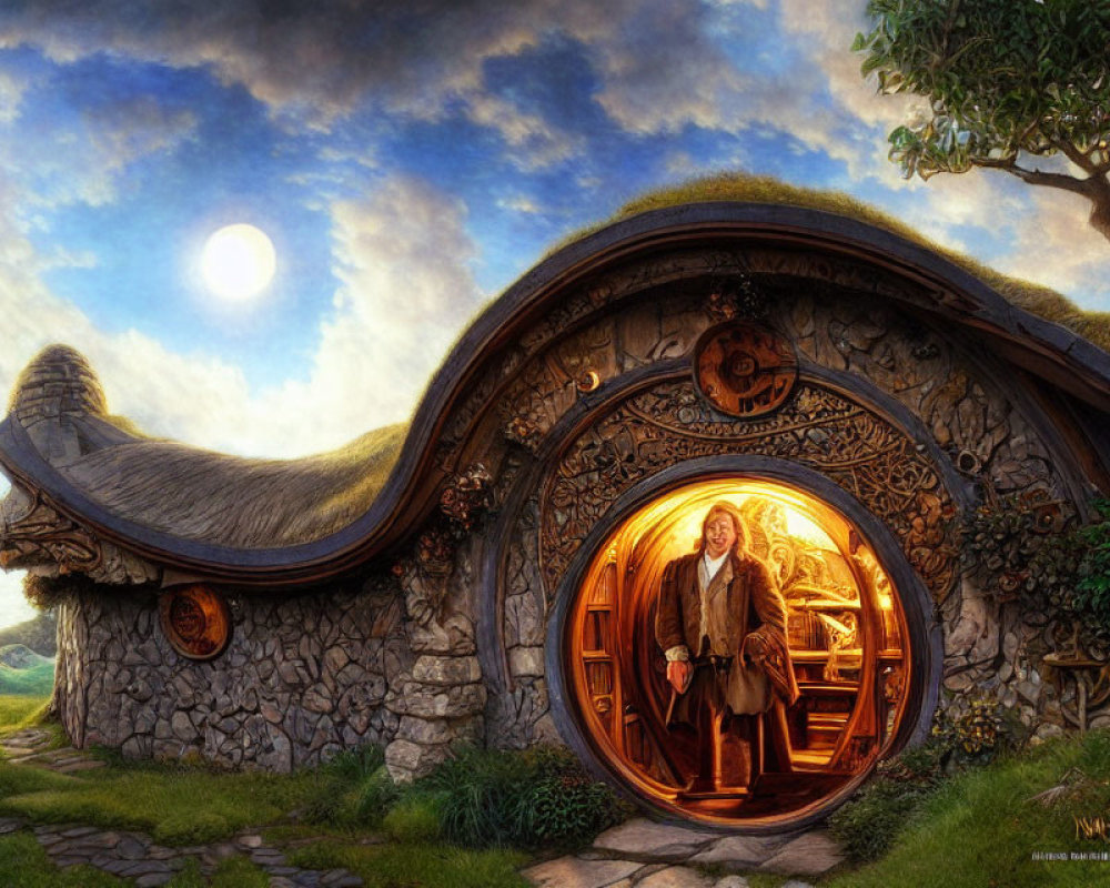 Hobbit-like character in circular doorway of earth-sheltered house