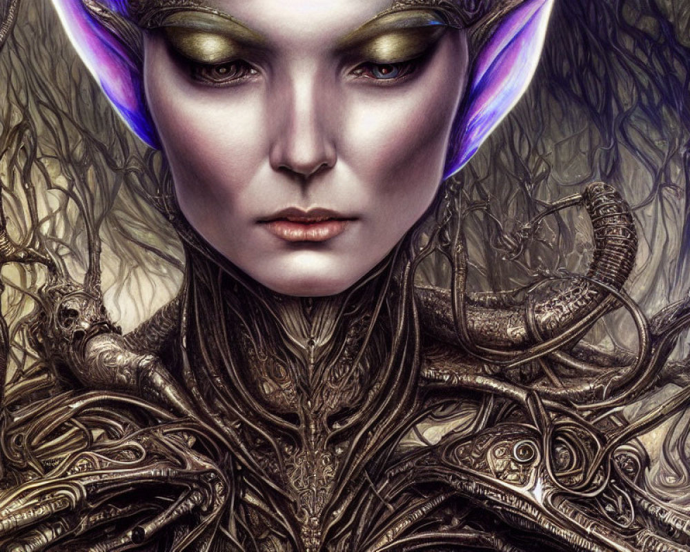 Detailed illustration of female elf in golden armor with purple ears