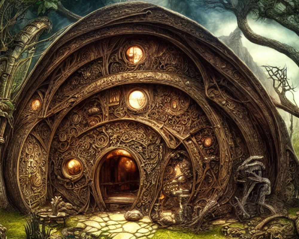 Round-Door Hobbit-Style House in Lush Green Landscape with Carvings and Glowing