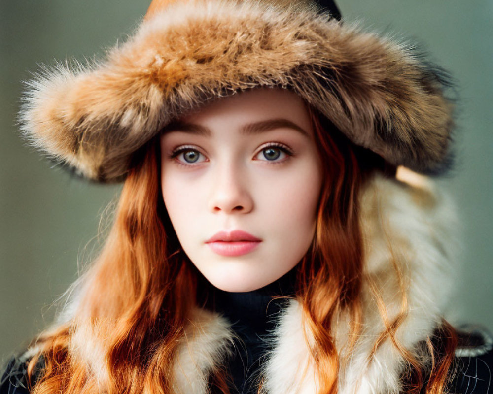 Red-haired woman in fur hat with thoughtful expression