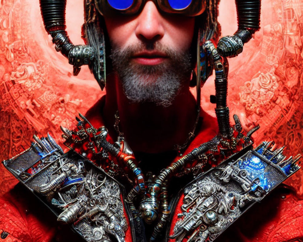 Futuristic costume with blue goggles and ornate collar on red background