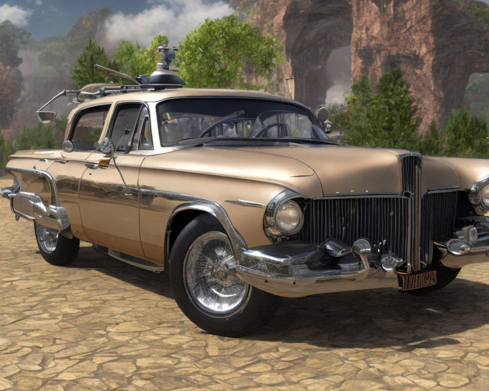 Vintage gold car with chrome details on cobblestone, surrounded by trees.