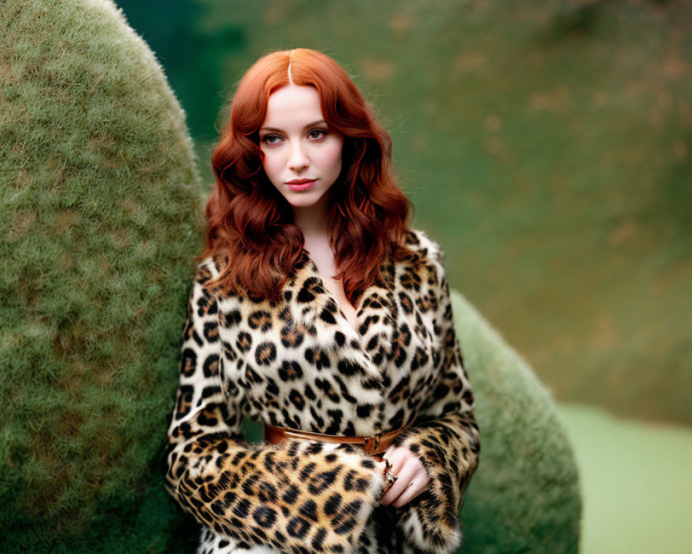 Red-Haired Woman in Leopard Print Coat Standing by Greenery