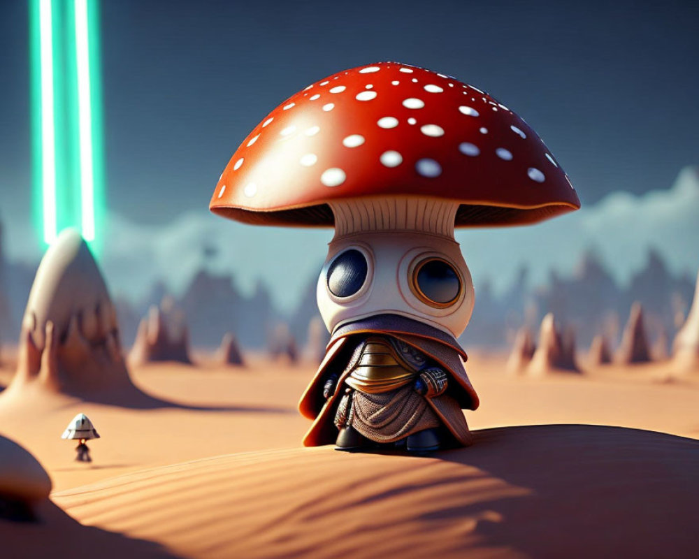 Whimsical mushroom character in sci-fi warrior attire with glowing lights