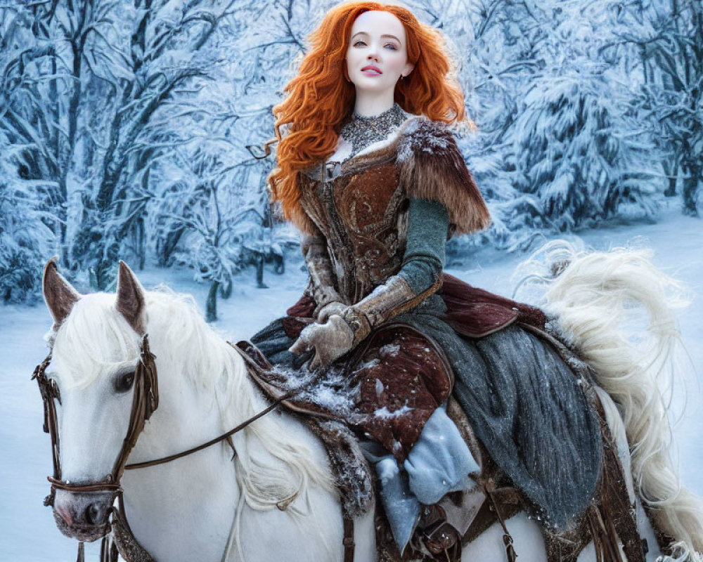 Red-haired woman on white horse in snowy forest with medieval attire