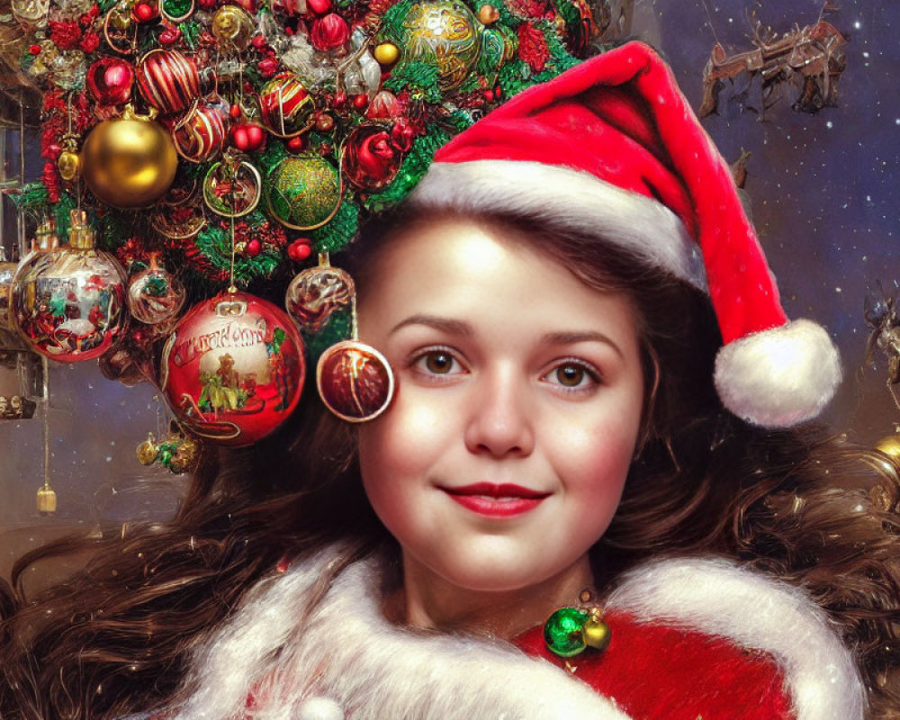 Young Woman in Santa Hat Surrounded by Christmas Decorations