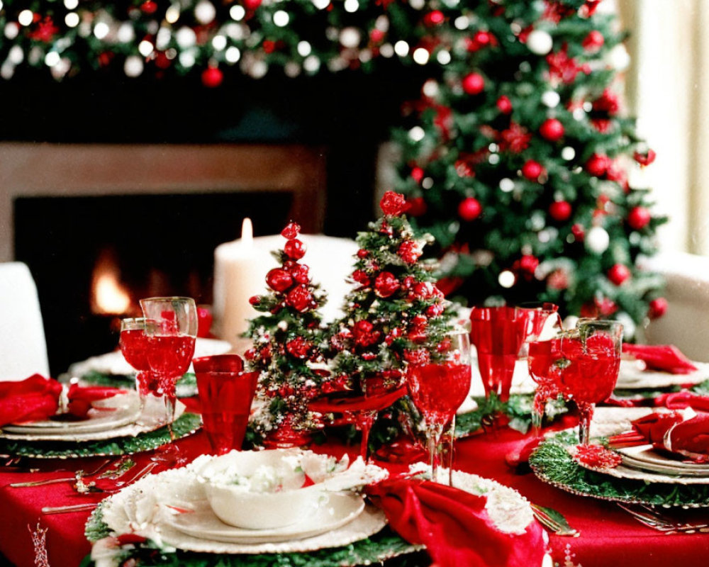 Christmas dining table set with red glassware, plates, mini tree centerpiece, holiday decor, and lit