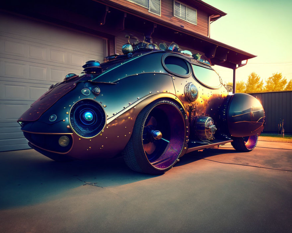 Vintage-style futuristic car with round doors and glowing accents in home driveway at dusk