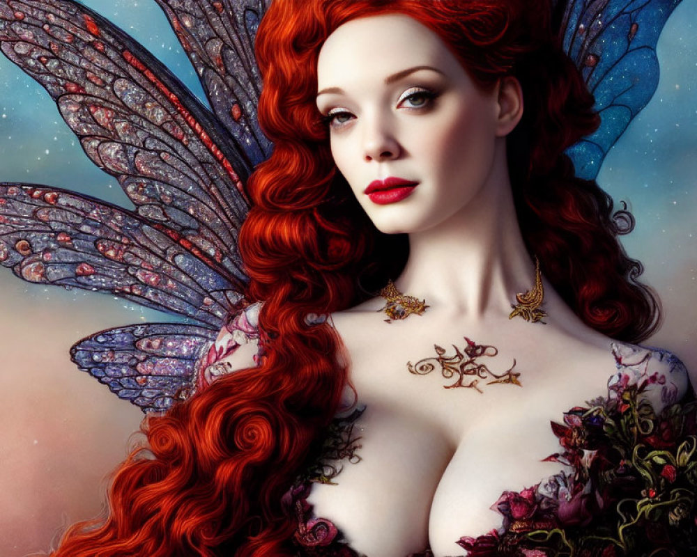 Digital artwork: Woman with red hair, butterfly wings, floral tattoo, bouquet