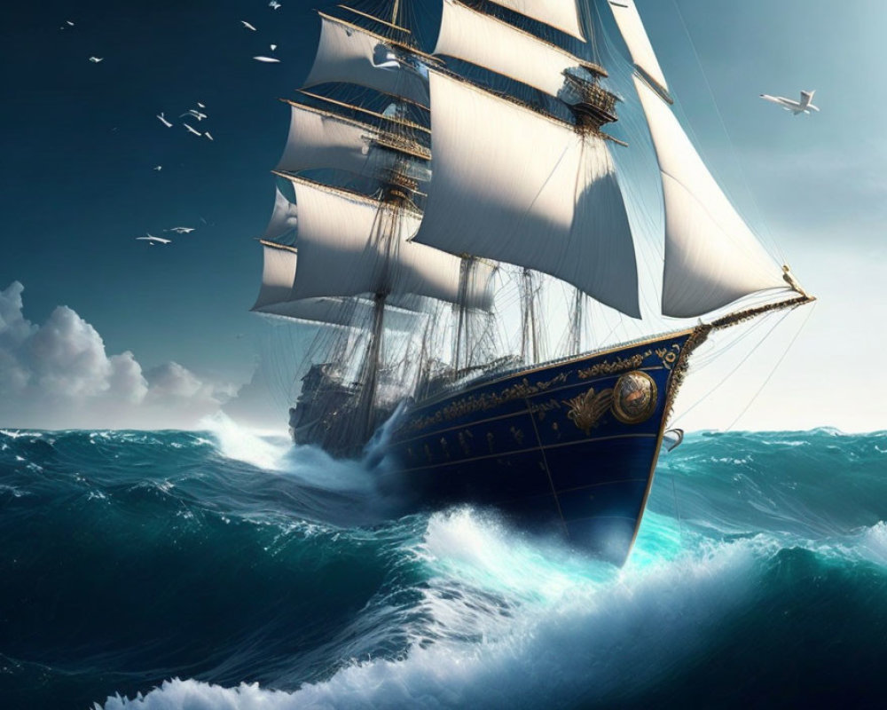 Majestic sailing ship with white sails on tumultuous sea waves