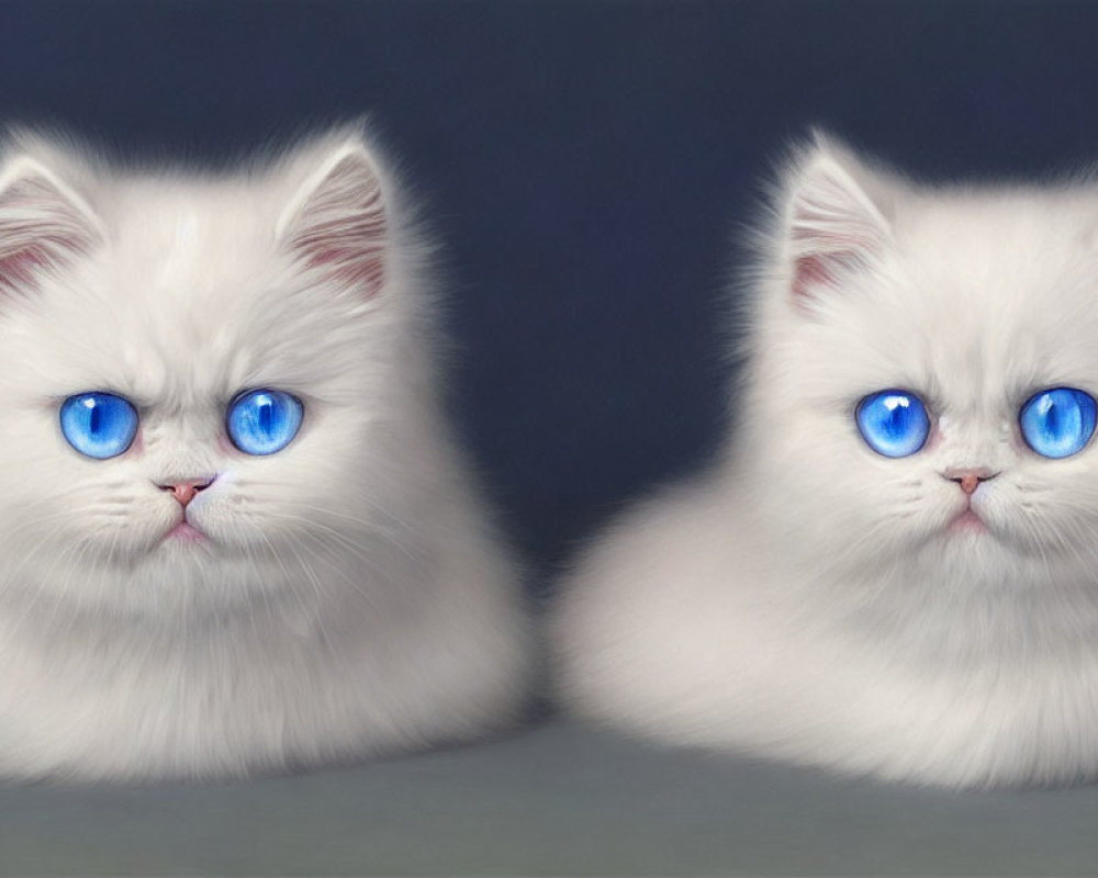 White fluffy kittens with blue eyes on blue background