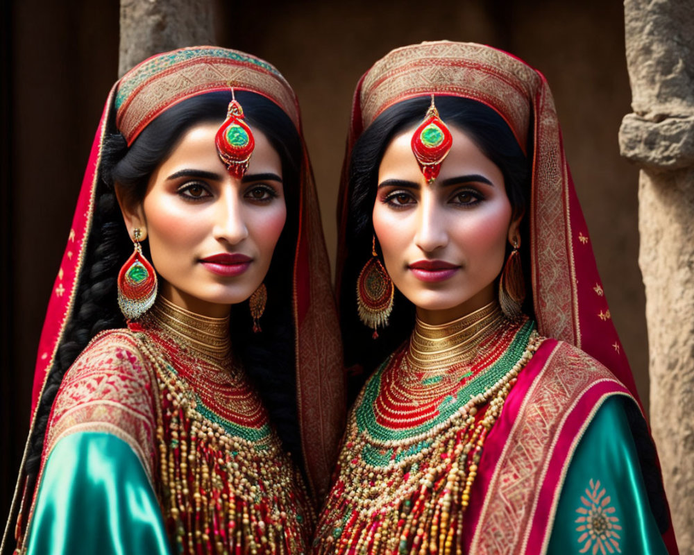 Traditional South Asian Attire: Two Women with Intricate Jewelry posing against Historical Building