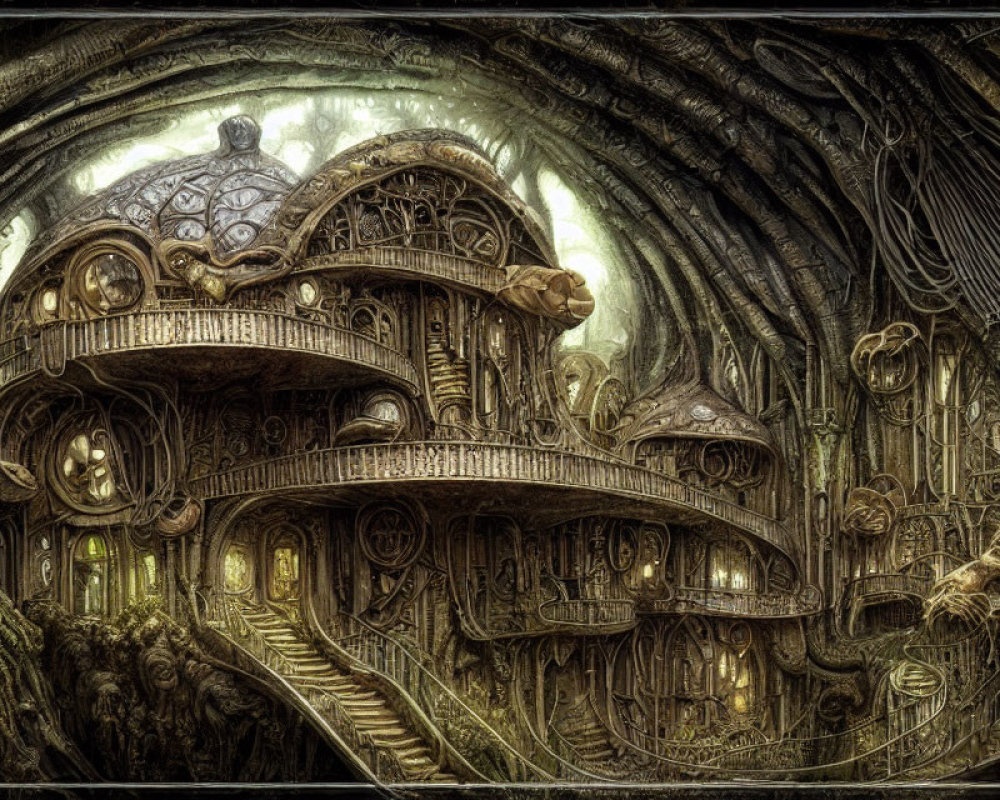 Detailed Fantasy Interior with Organic Steampunk Architecture