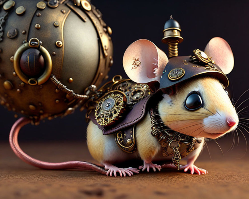 Steampunk-style digital artwork of a mouse with mechanical armor and spherical contraption.