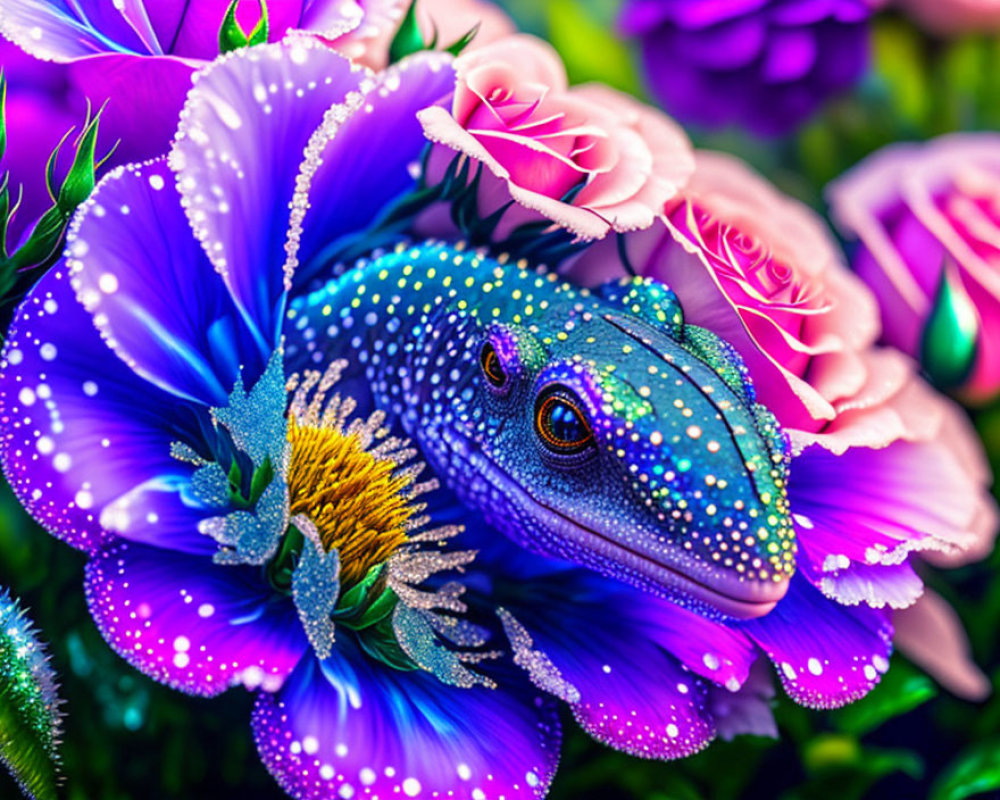 Colorful digital artwork: fantastical lizard among blooming flowers