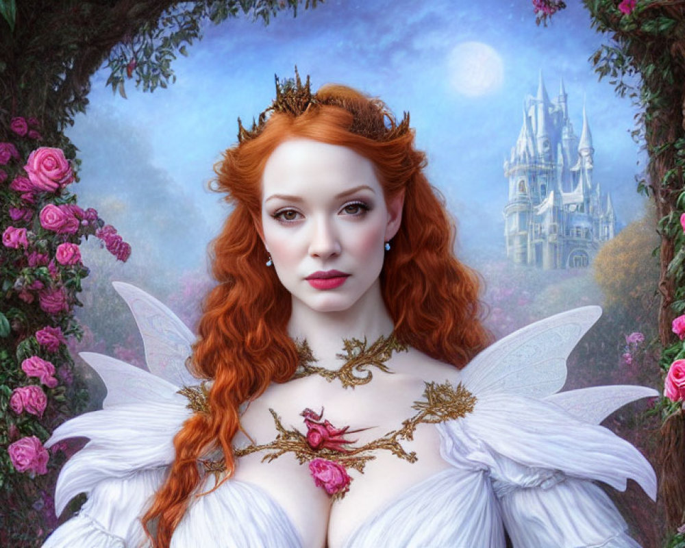 Fantastical portrait of a red-haired woman with elven ears and crown in front of fairyt