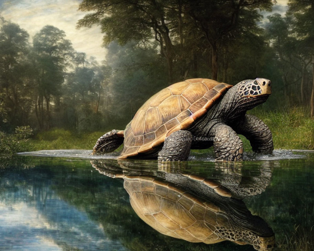 Brown-shelled tortoise by tranquil water in lush forest