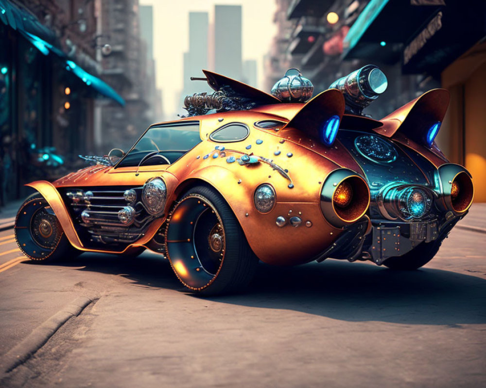 Futuristic retro-style car with orange-gold bodywork and elaborate exhaust pipes in city street scene