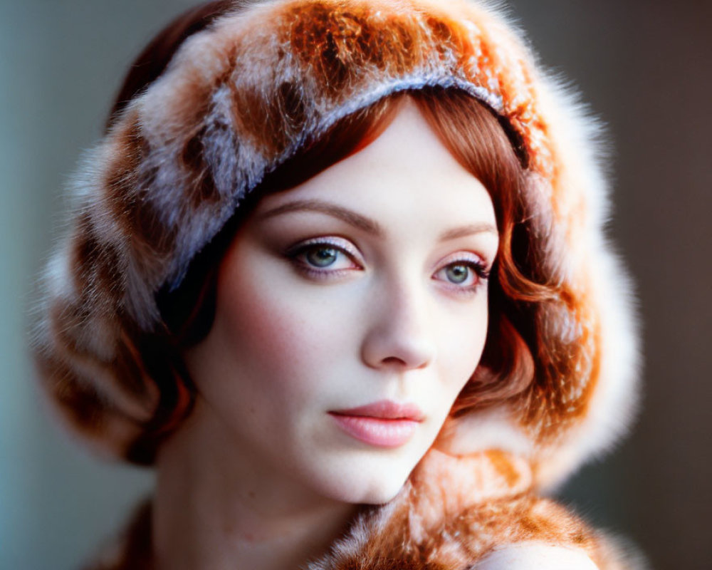 Fair-skinned person with green eyes and red hair in fluffy brown fur hat gazes away.