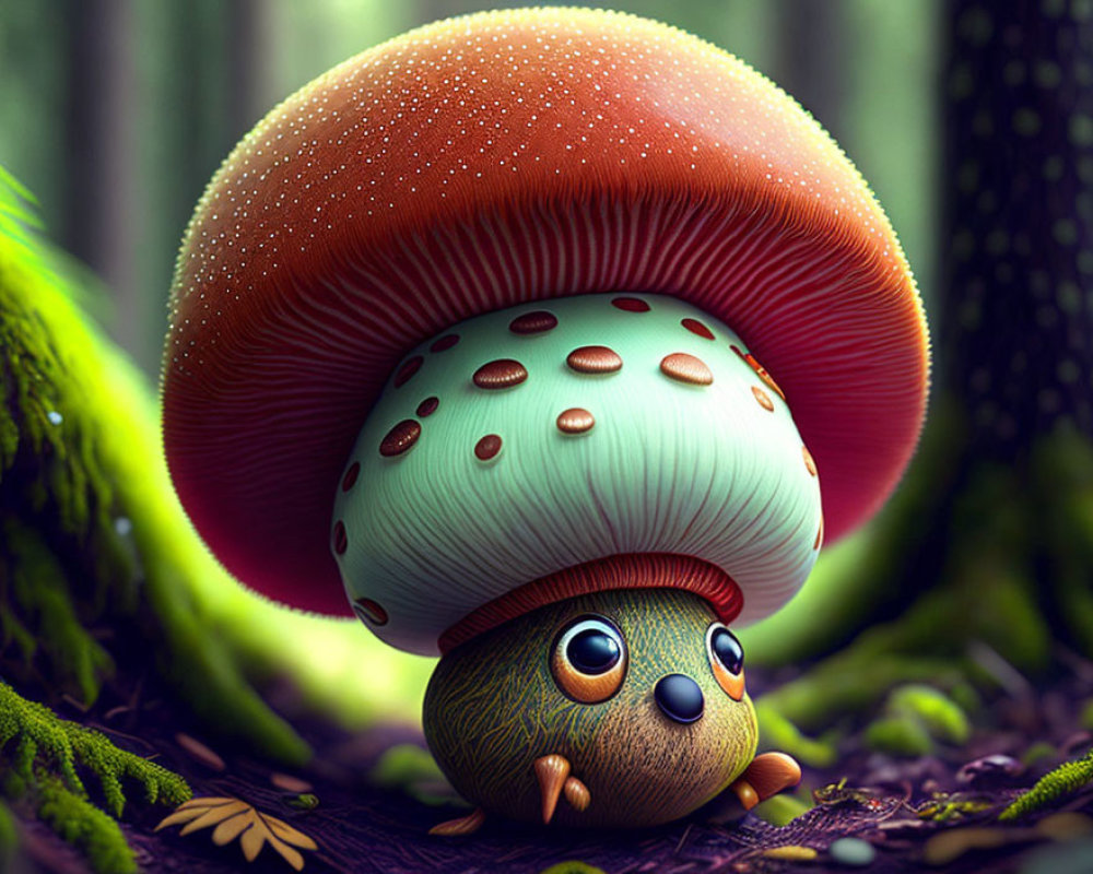 Adorable creature sheltering under mushroom in lush forest illustration