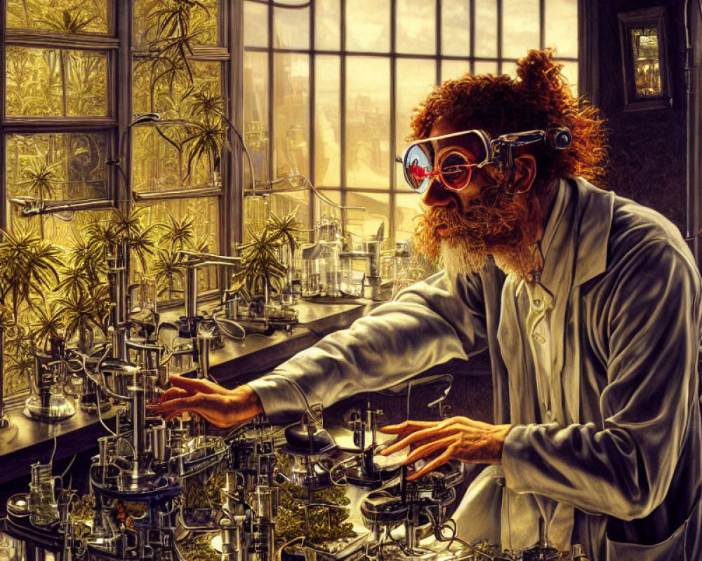 Scientist in goggles working in plant-filled lab