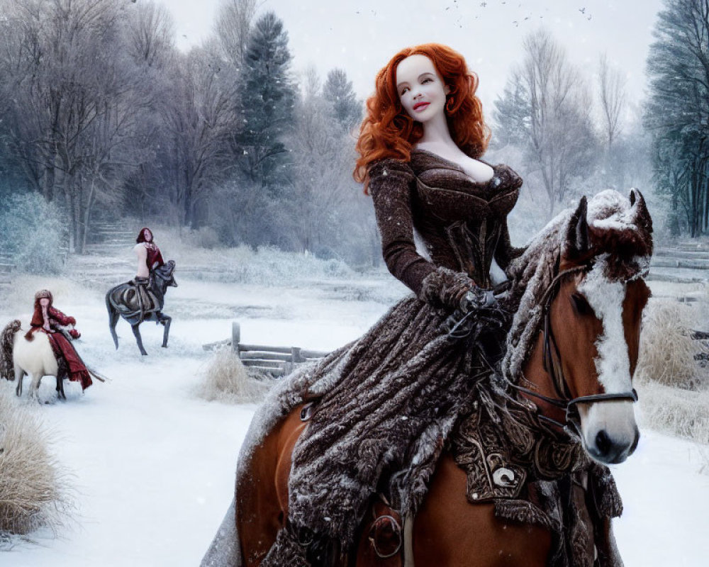 Red-haired woman riding brown horse in snowy landscape with others on horseback.