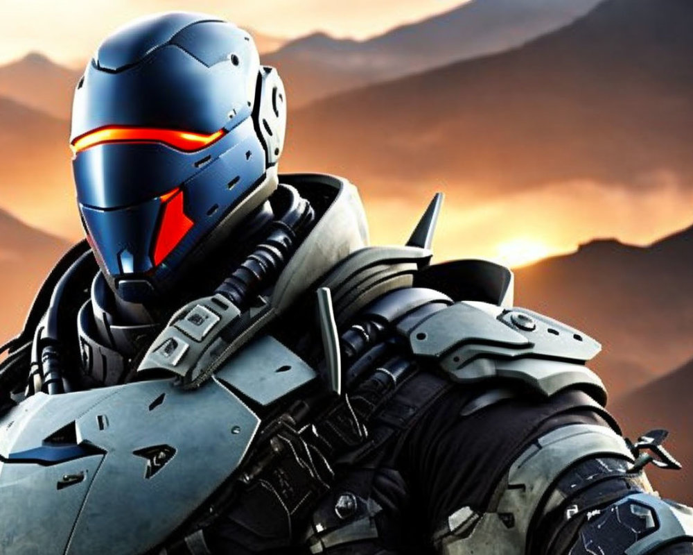 Futuristic soldier in advanced armor with glowing red visor against hazy mountains