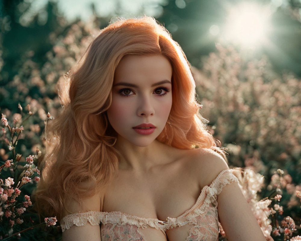 Blonde Woman Surrounded by Flowers in Soft Light