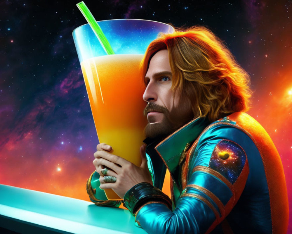 Man with Long Hair Holding Giant Cocktail in Space-Themed Jacket