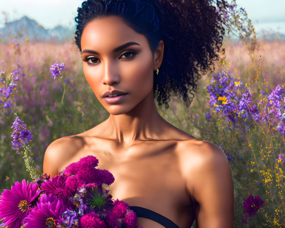 Curly-Haired Woman in Field of Purple Wildflowers with Mountains