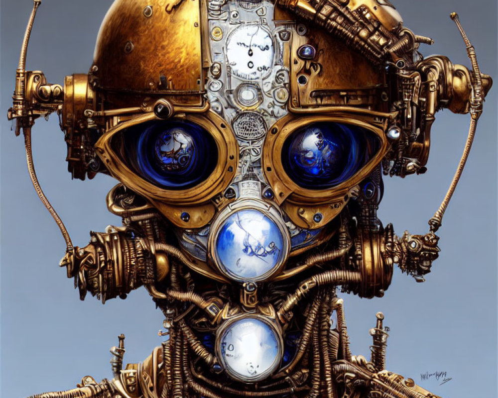 Detailed Steampunk Robot Head with Blue Lens Eyes and Brass Metalwork