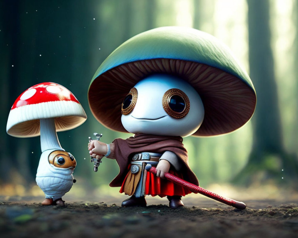 Figure with Mushroom Cap Head and Lightsaber in Mystical Forest Scene