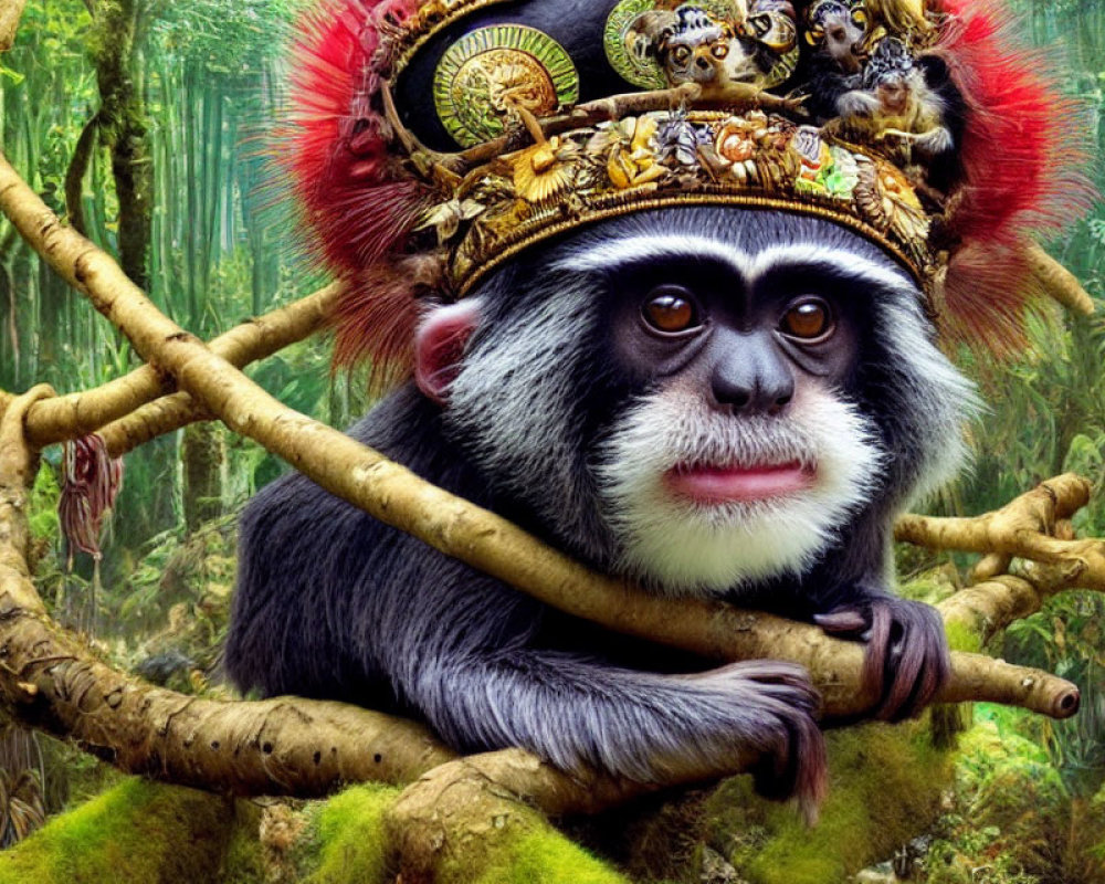 Ornately adorned monkey perched in lush forest landscape