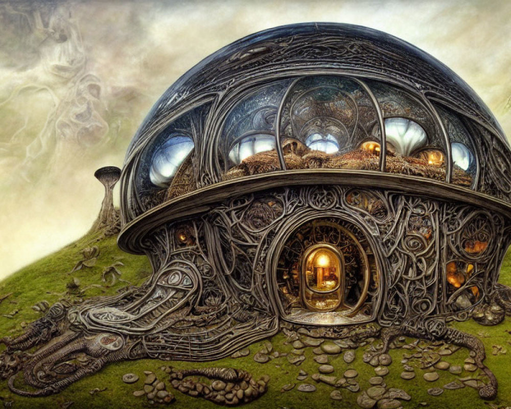 Surreal turtle-like creature with dome windows and glowing doorway in misty landscape