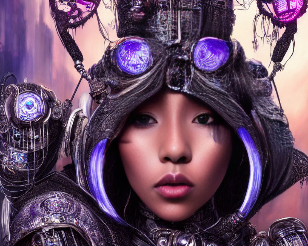 Futuristic digital artwork of woman in purple armor