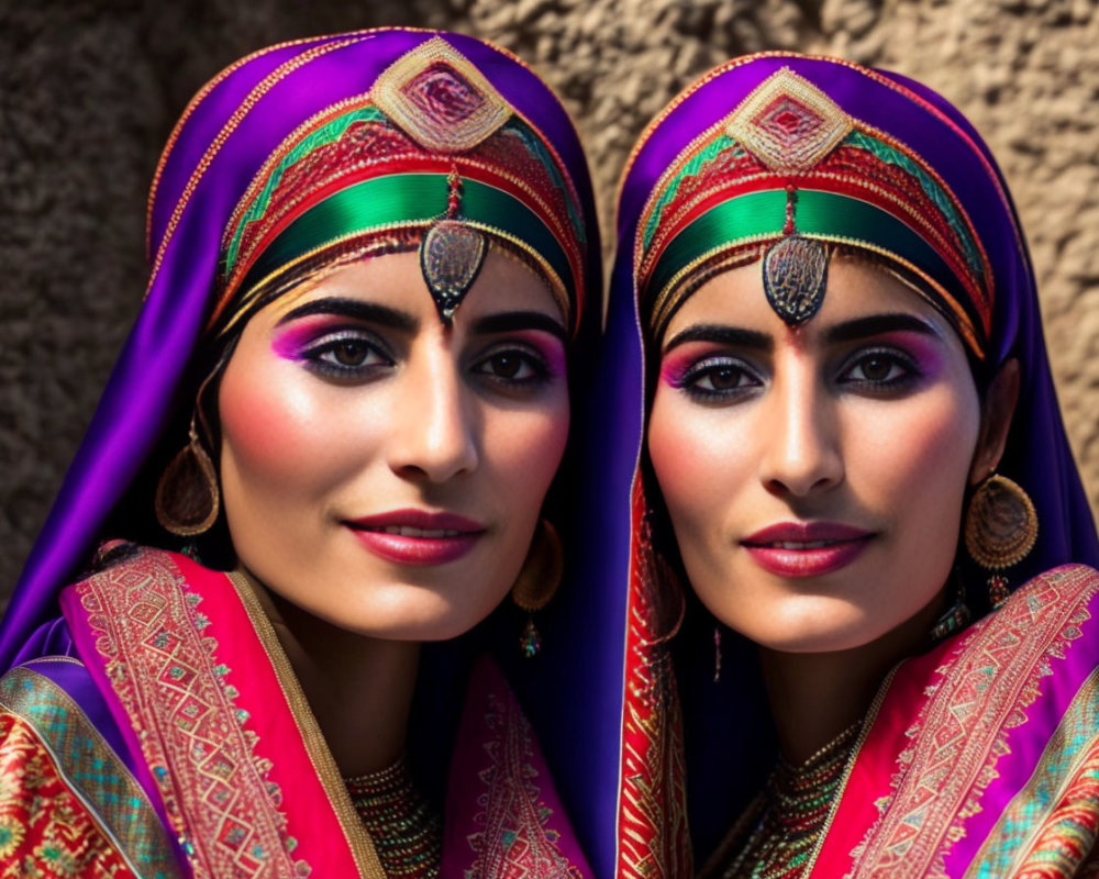 Vibrant traditional attire and elaborate headpieces on two women with detailed makeup.