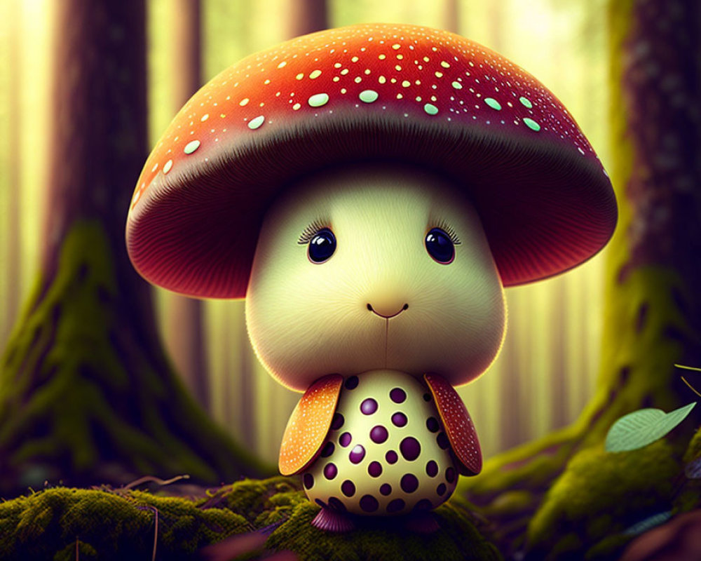 Fantasy creature with red and white mushroom cap head in lush forest