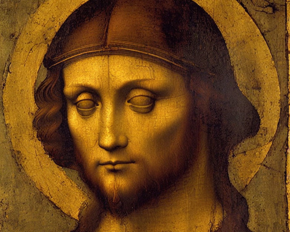 Classic painting close-up: figure with halo, serene expression, brown hair.