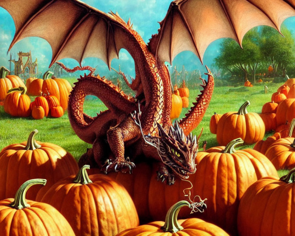 Majestic dragon with extended wings in pumpkin field by fairytale castle