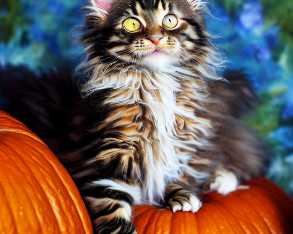 Tabby Kitten with Yellow Eyes on Orange Pumpkin in Floral Setting