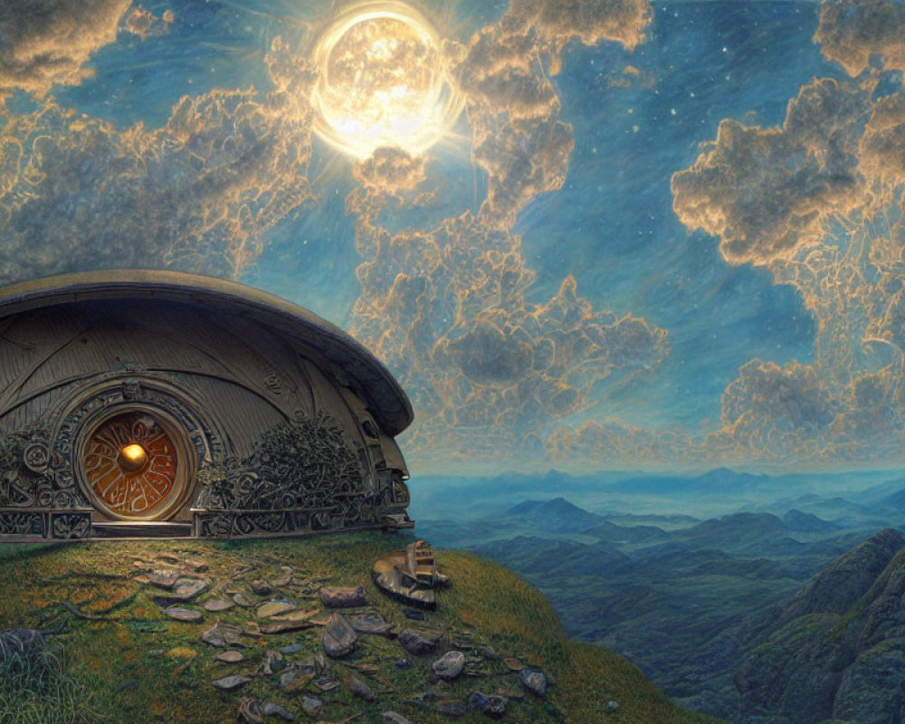 Fantastical landscape with round hobbit-like door under bright moon and layered clouds