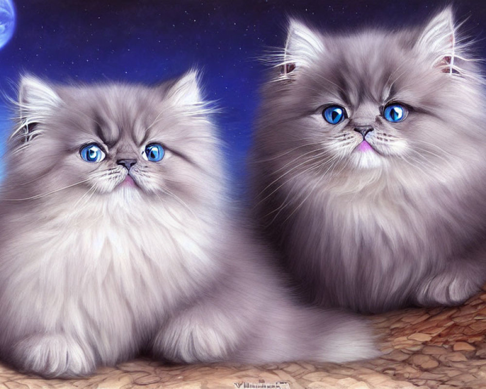 Fluffy cats with blue eyes under night sky with moon and stars