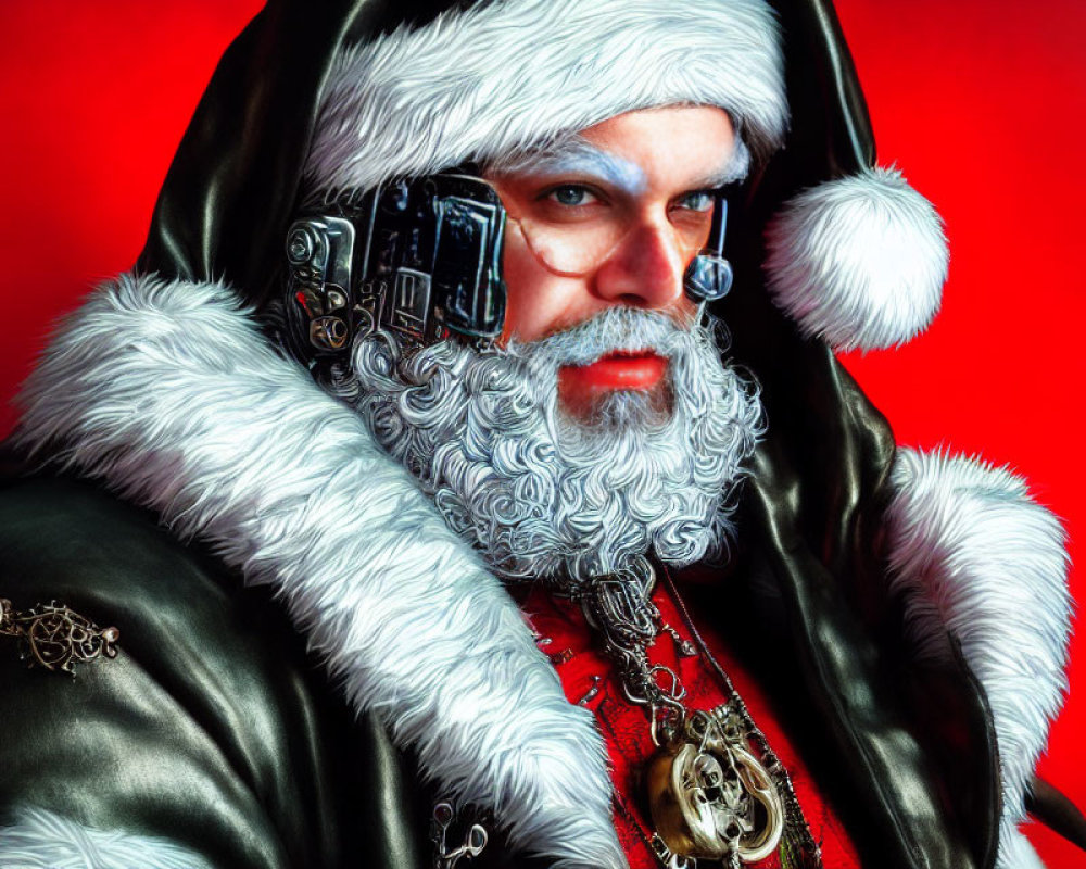 Detailed Futuristic Santa Claus with High-Tech Earpiece and Ornate Costume on Red Background